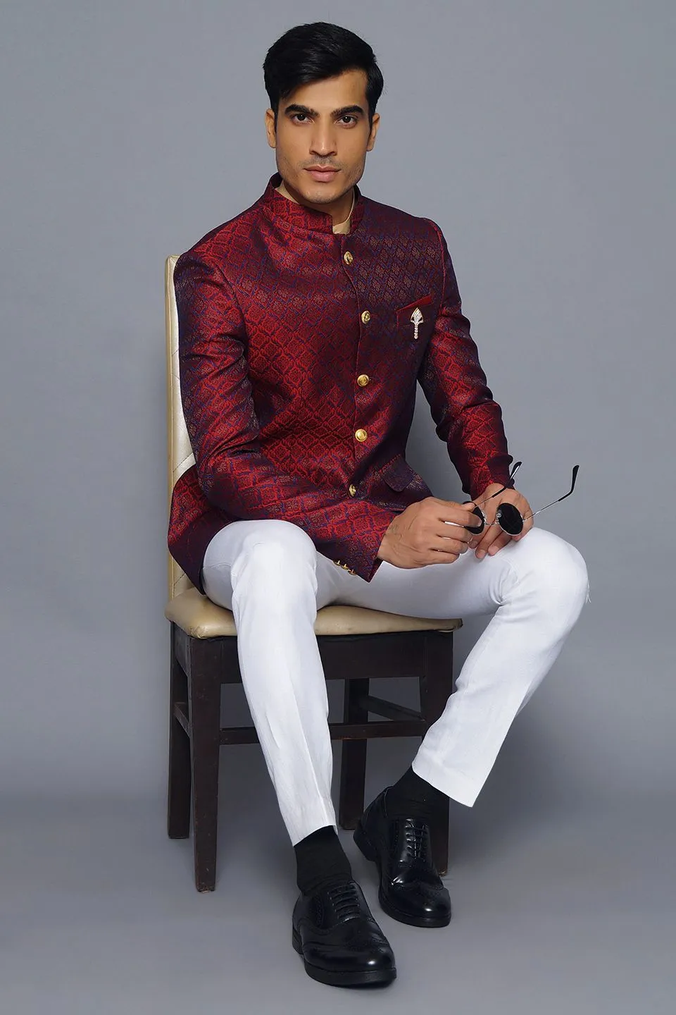 Banarasi Rayon Cotton Red Bandhgala
