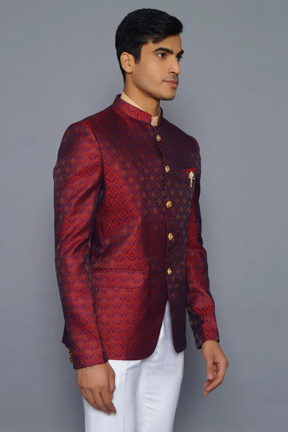 Banarasi Rayon Cotton Red Bandhgala