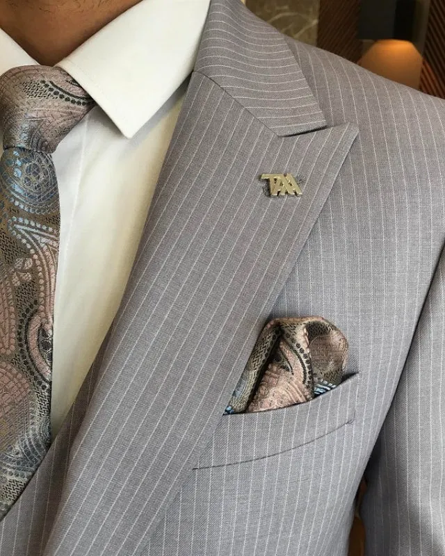 Barton Fancy Gray Striped Peaked Lapel Three Pieces Business Suits