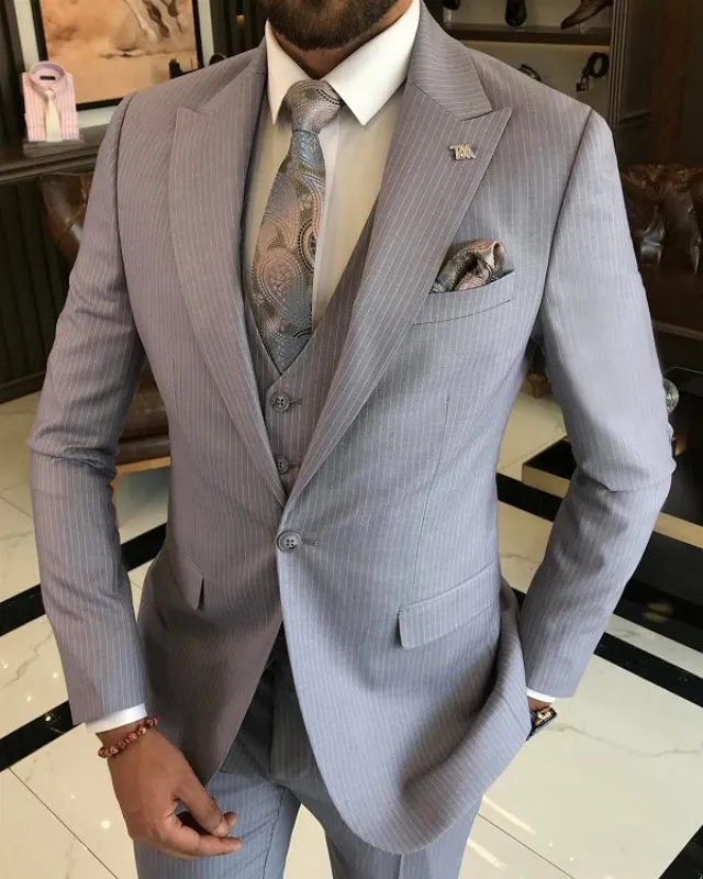 Barton Fancy Gray Striped Peaked Lapel Three Pieces Business Suits