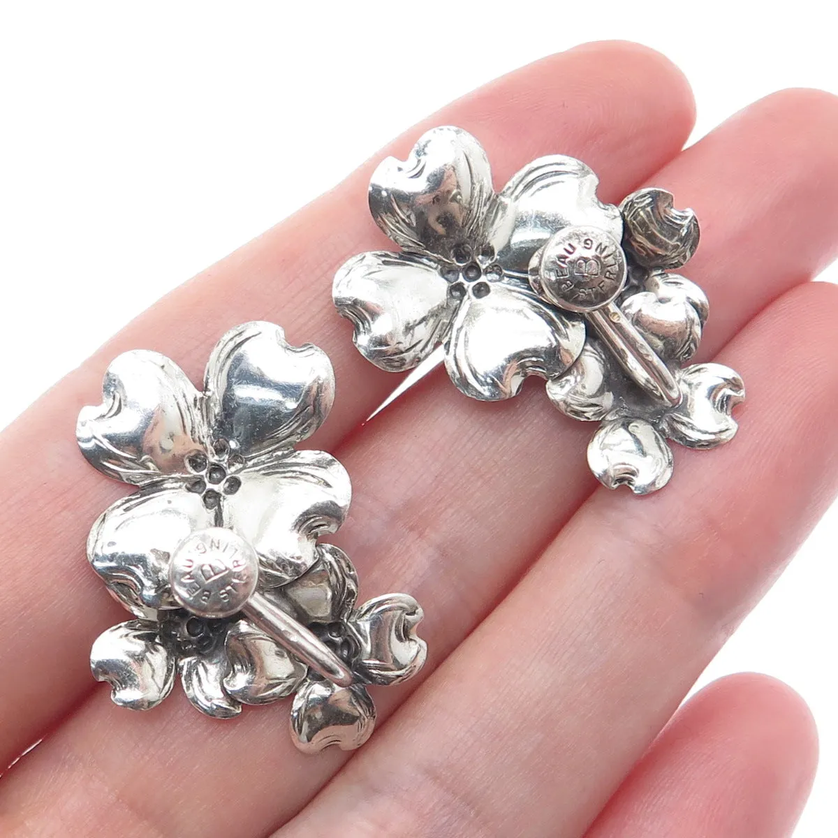 BEAU 925 Sterling Silver Vintage Dogwood Flower Screw Back Earrings