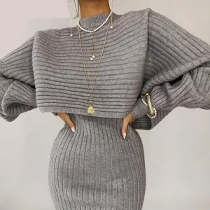 BerryBetty - Women Elegant Slim Two Piece Sets Female Sweater Dress Autumn Winter High Waist Knitted Ensemble Femme Medium Long Party Dresses