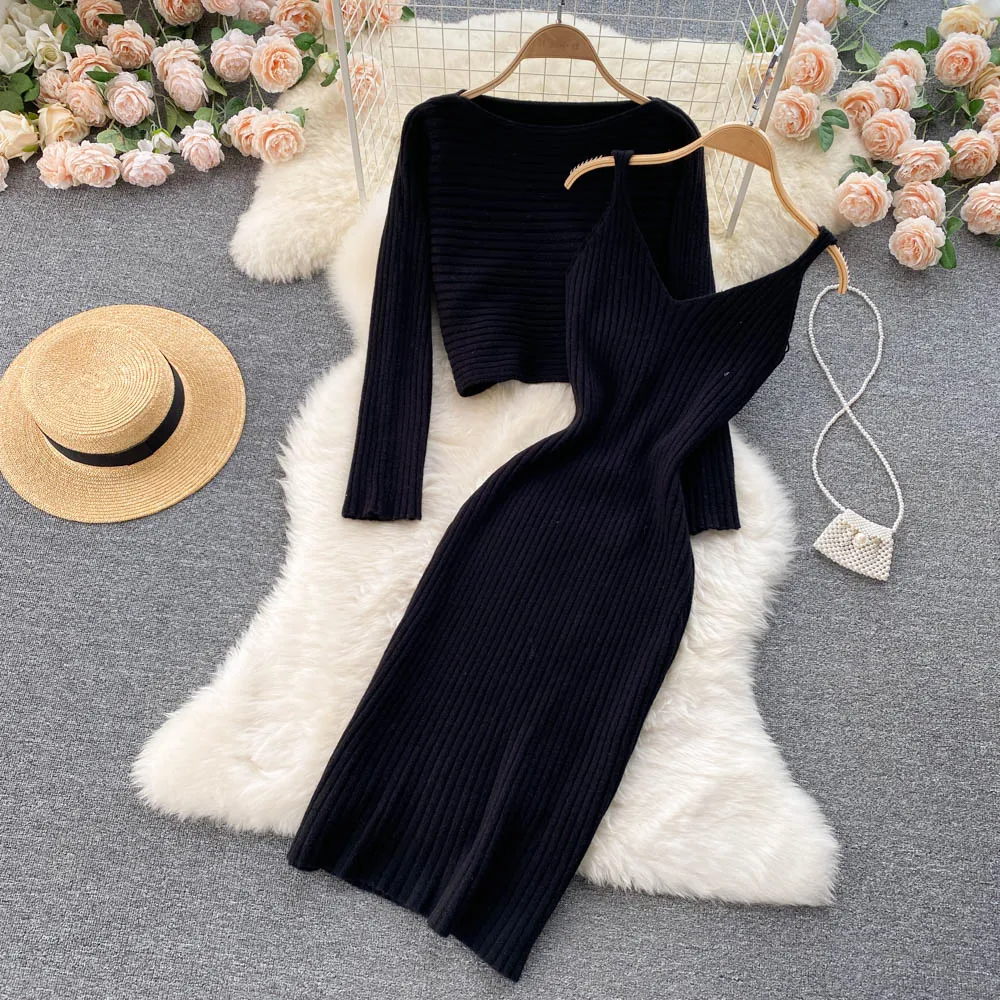 BerryBetty - Women Elegant Slim Two Piece Sets Female Sweater Dress Autumn Winter High Waist Knitted Ensemble Femme Medium Long Party Dresses