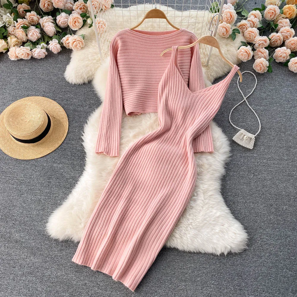 BerryBetty - Women Elegant Slim Two Piece Sets Female Sweater Dress Autumn Winter High Waist Knitted Ensemble Femme Medium Long Party Dresses