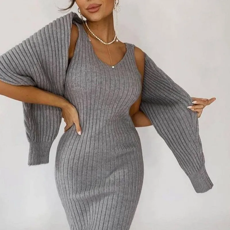 BerryBetty - Women Elegant Slim Two Piece Sets Female Sweater Dress Autumn Winter High Waist Knitted Ensemble Femme Medium Long Party Dresses