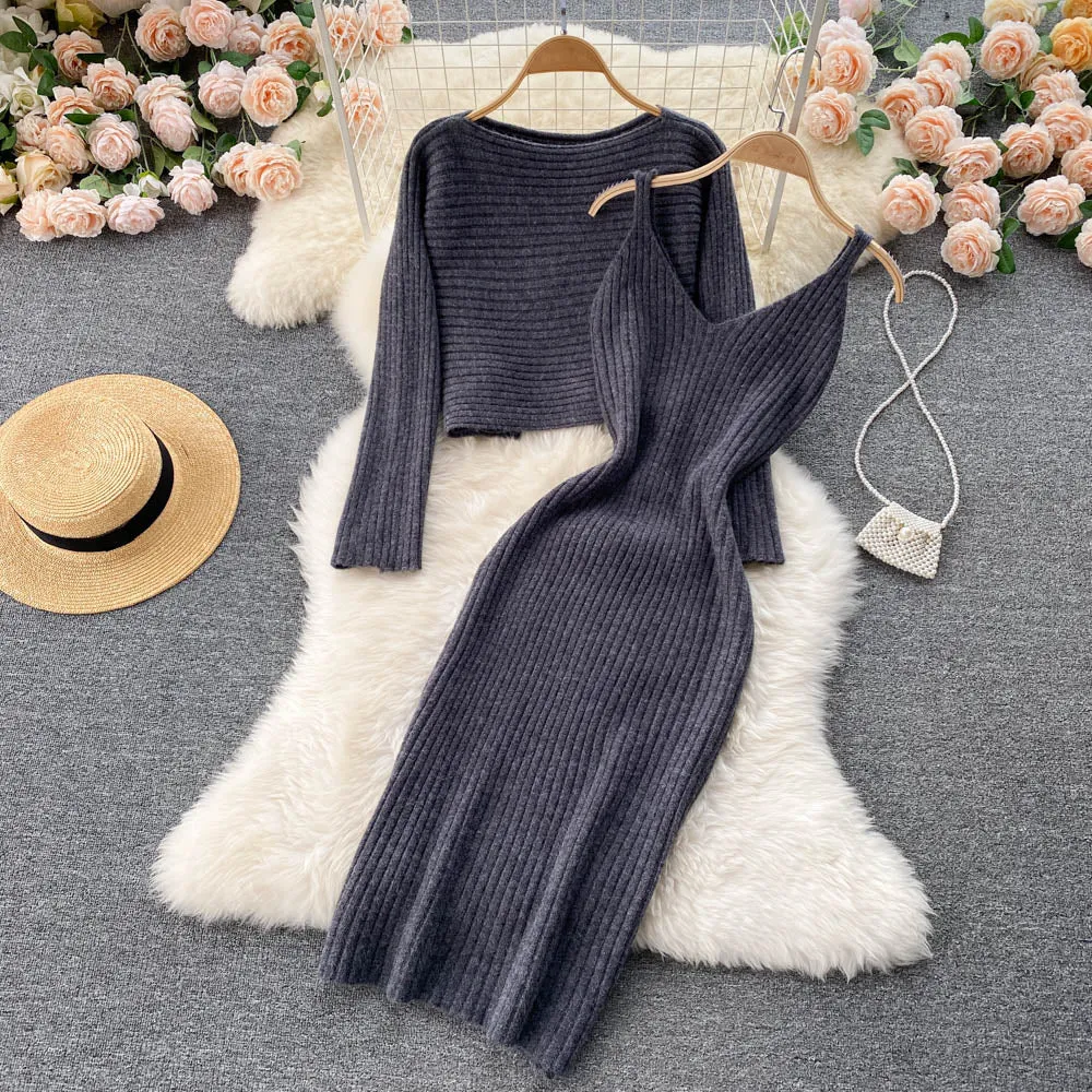 BerryBetty - Women Elegant Slim Two Piece Sets Female Sweater Dress Autumn Winter High Waist Knitted Ensemble Femme Medium Long Party Dresses