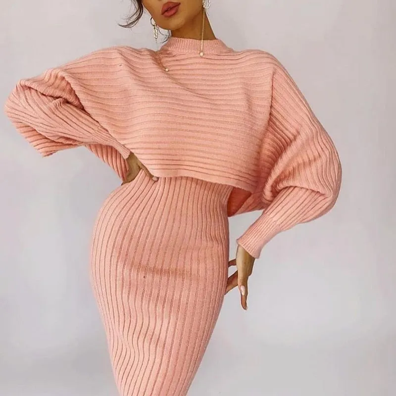 BerryBetty - Women Elegant Slim Two Piece Sets Female Sweater Dress Autumn Winter High Waist Knitted Ensemble Femme Medium Long Party Dresses
