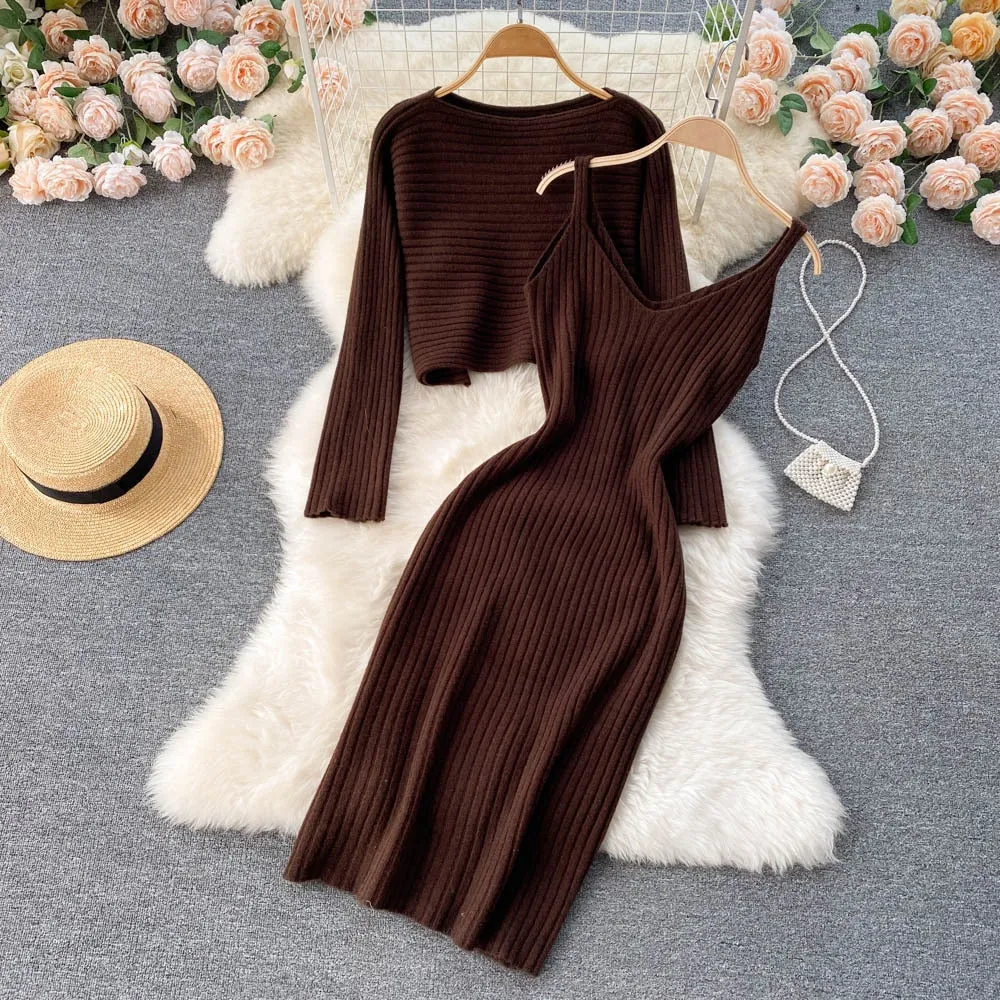 BerryBetty - Women Elegant Slim Two Piece Sets Female Sweater Dress Autumn Winter High Waist Knitted Ensemble Femme Medium Long Party Dresses