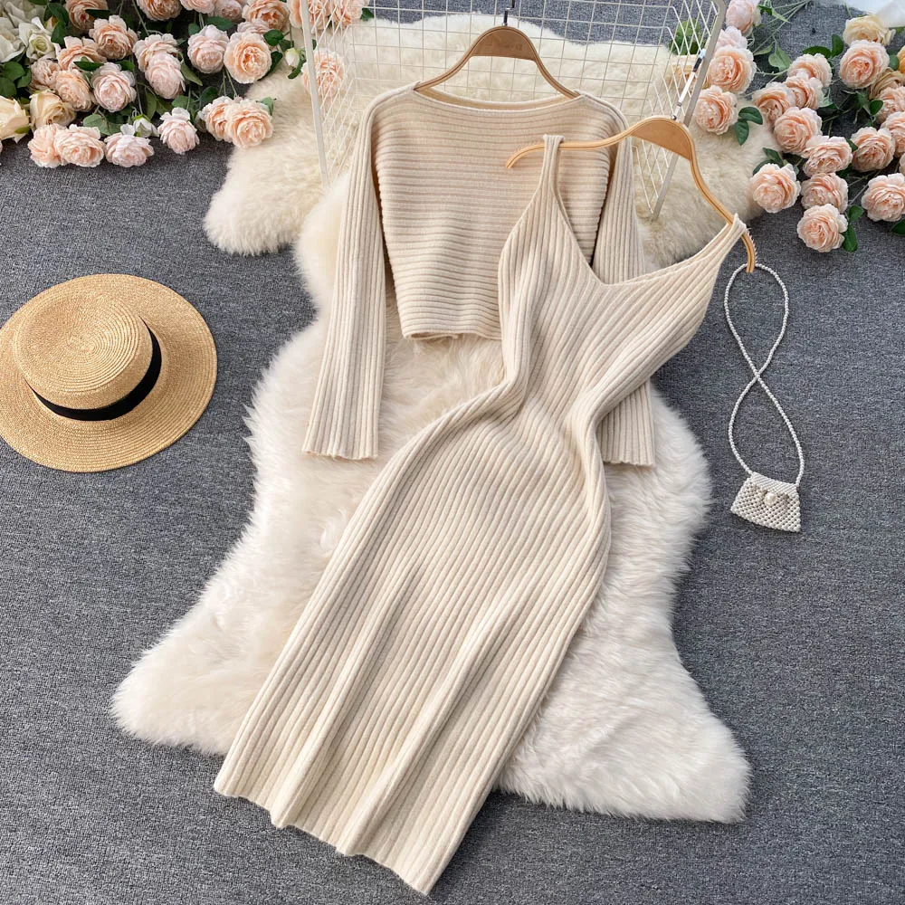 BerryBetty - Women Elegant Slim Two Piece Sets Female Sweater Dress Autumn Winter High Waist Knitted Ensemble Femme Medium Long Party Dresses
