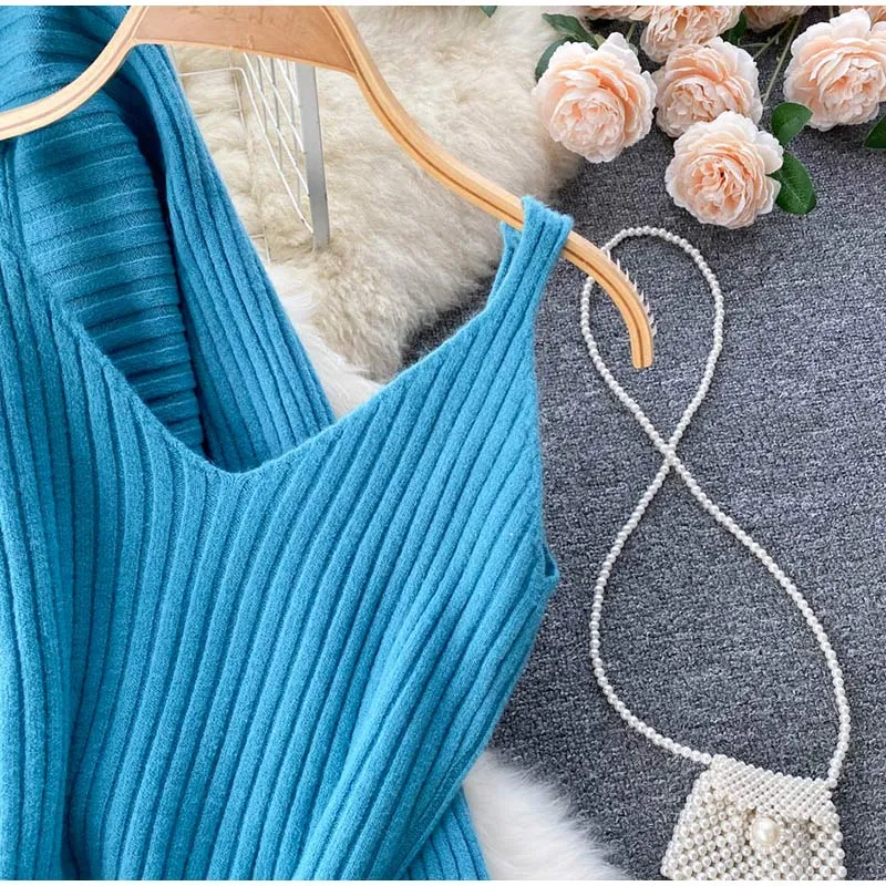 BerryBetty - Women Elegant Slim Two Piece Sets Female Sweater Dress Autumn Winter High Waist Knitted Ensemble Femme Medium Long Party Dresses