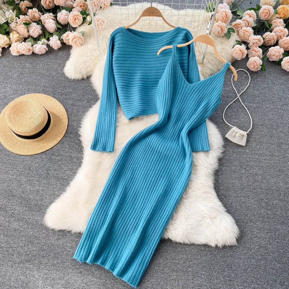 BerryBetty - Women Elegant Slim Two Piece Sets Female Sweater Dress Autumn Winter High Waist Knitted Ensemble Femme Medium Long Party Dresses