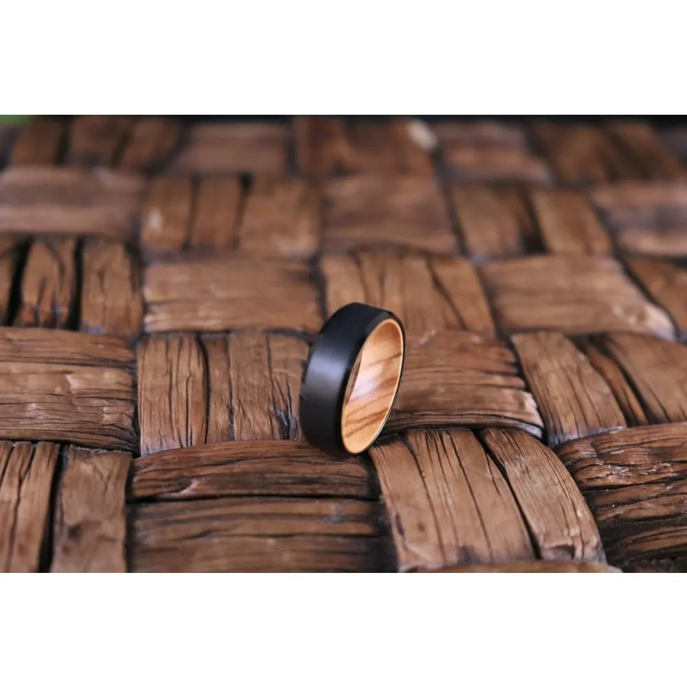 Beveled Men's Black Tungsten Wedding Band with Olive Wood Sleeve - 8mm