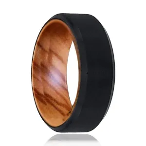Beveled Men's Black Tungsten Wedding Band with Olive Wood Sleeve - 8mm