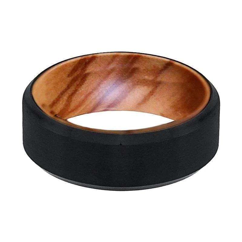 Beveled Men's Black Tungsten Wedding Band with Olive Wood Sleeve - 8mm