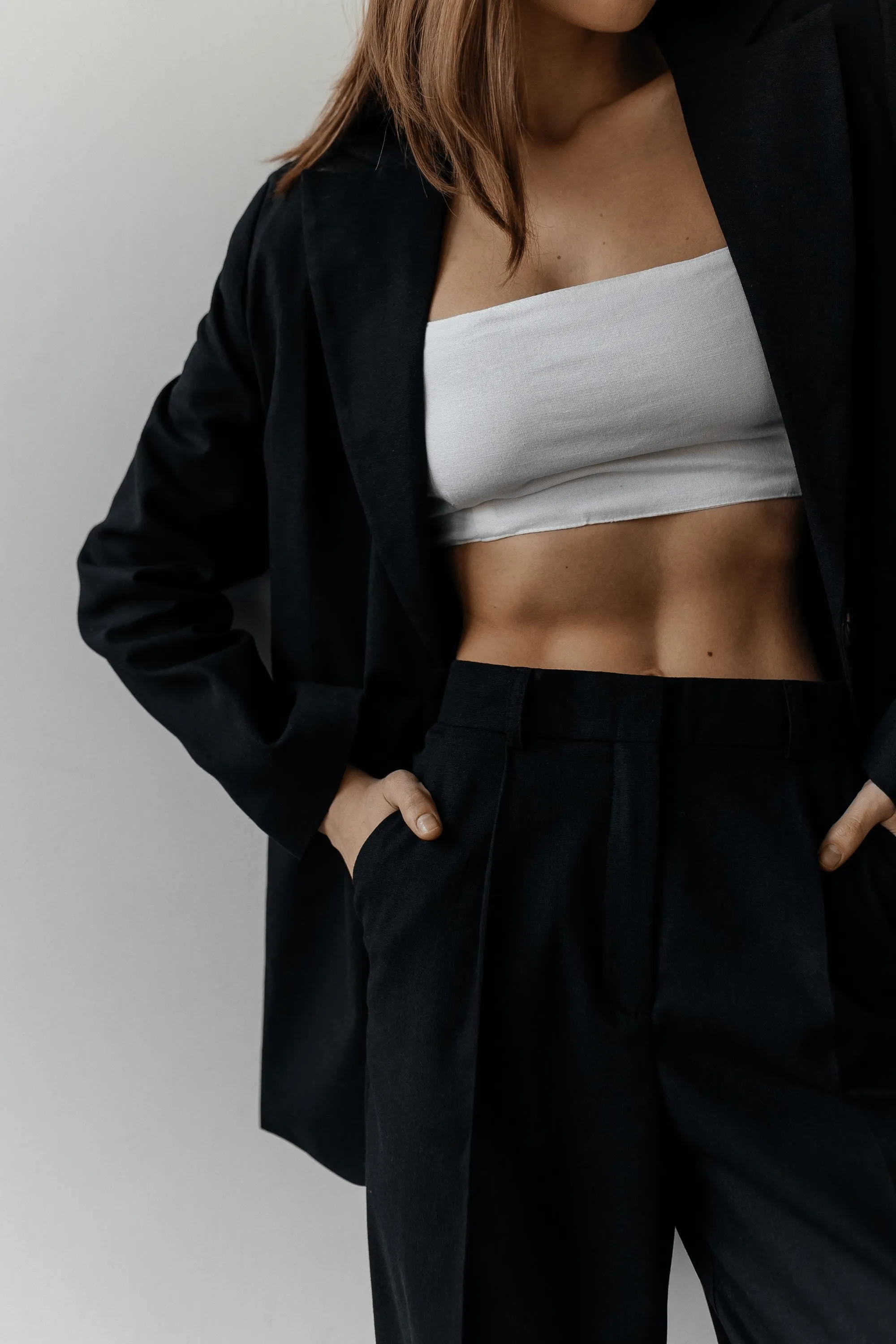 Black 2 Piece Summer Double Button Business Casual Slim Fit Linen Women Suit