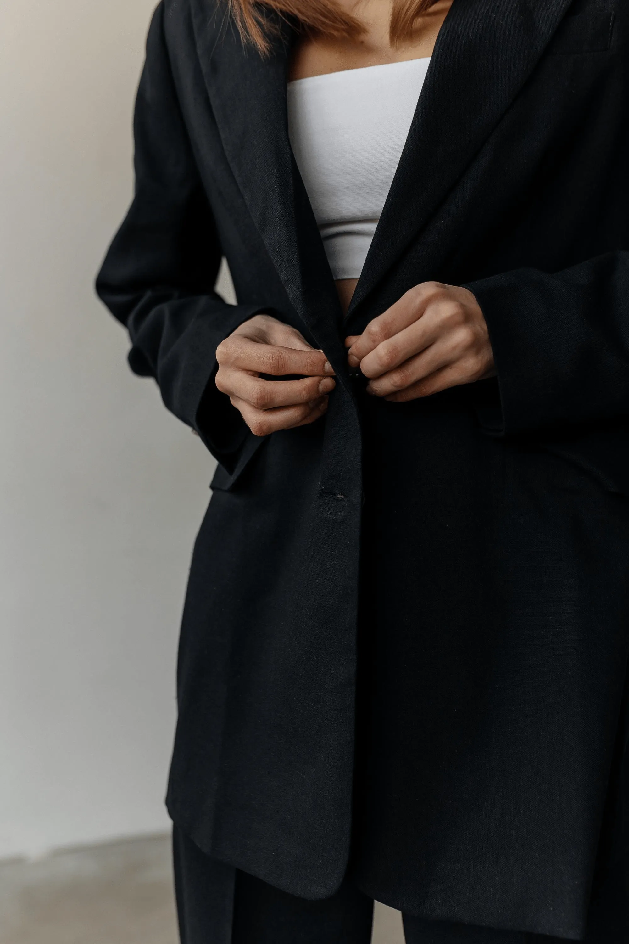 Black 2 Piece Summer Double Button Business Casual Slim Fit Linen Women Suit