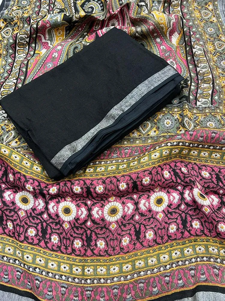 Black Digital Printed Linen Three Piece Unstitched Suit Set