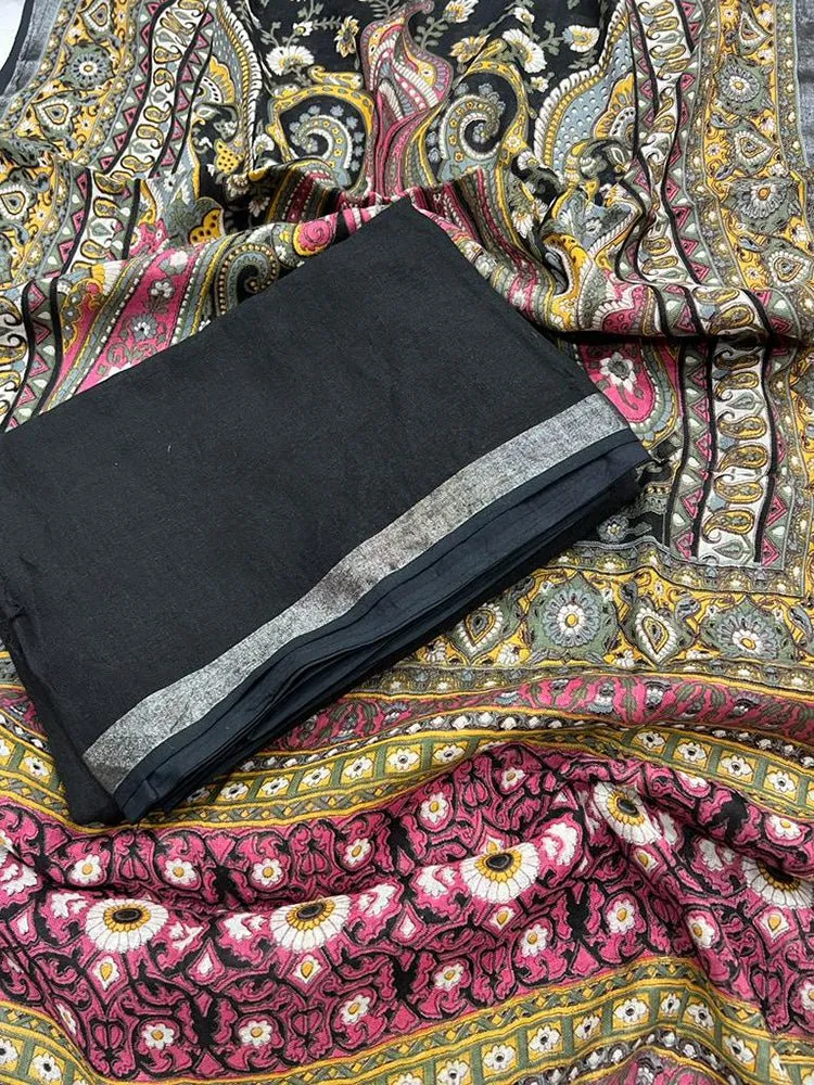 Black Digital Printed Linen Three Piece Unstitched Suit Set