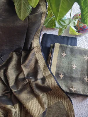 Black Handloom Soft Tissue Linen Suit With Resham Embroided Shirt & Zari Border Dupatta