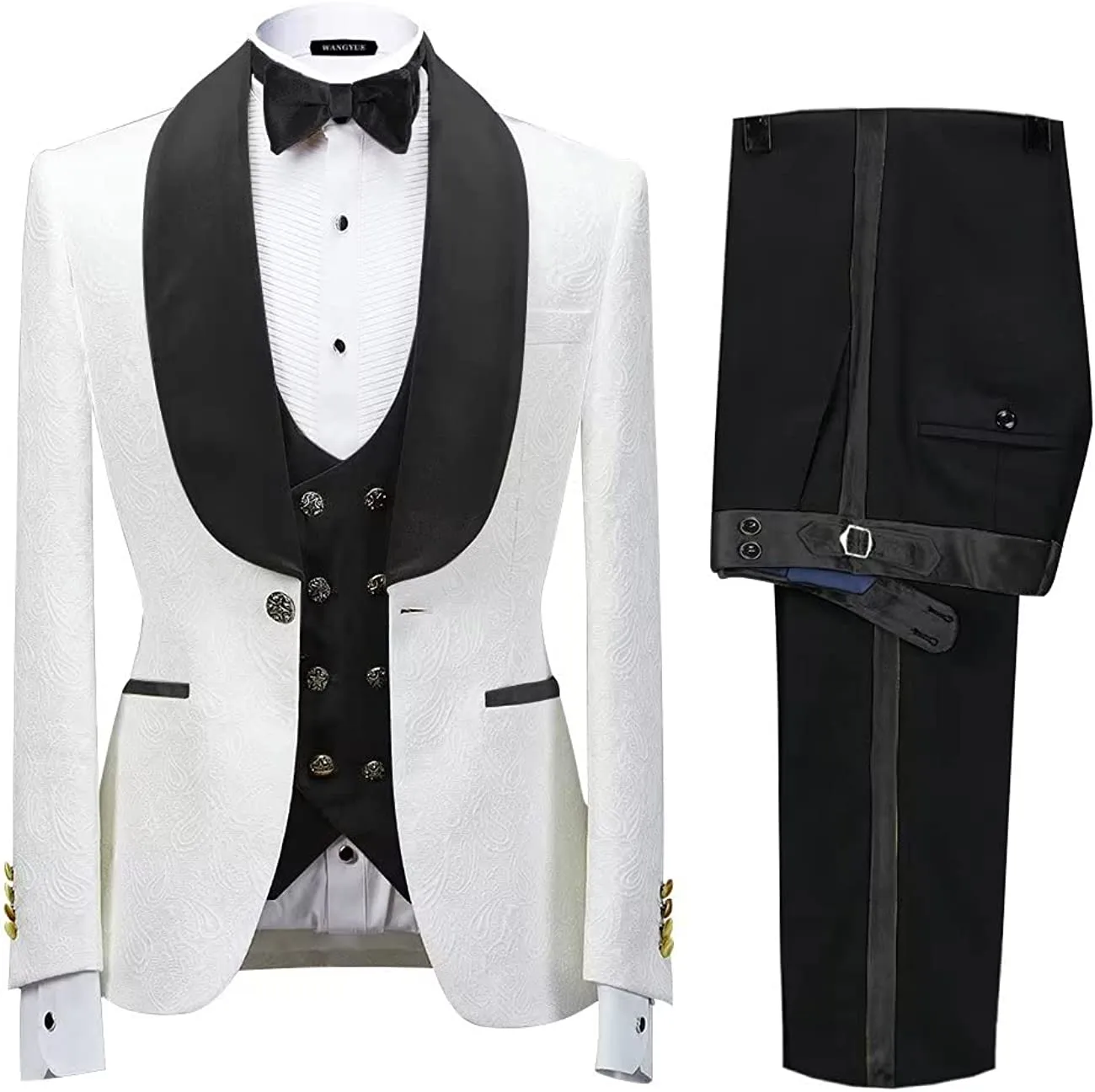 Black Three Piece Shawl Lapel Jacquard Wedding Suit