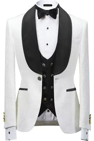 Black Three Piece Shawl Lapel Jacquard Wedding Suit