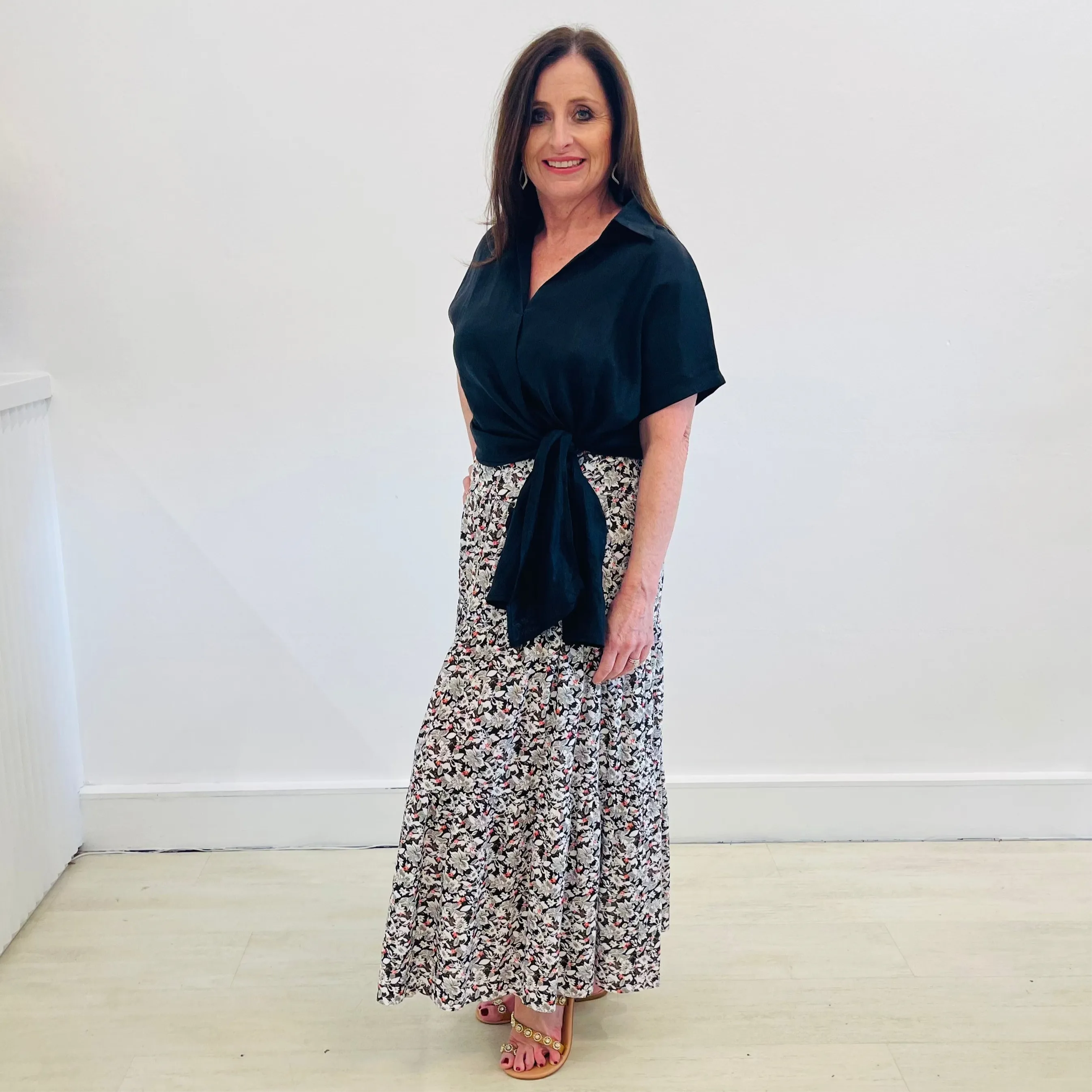 Black, White and Red Floral Tiered Skirt