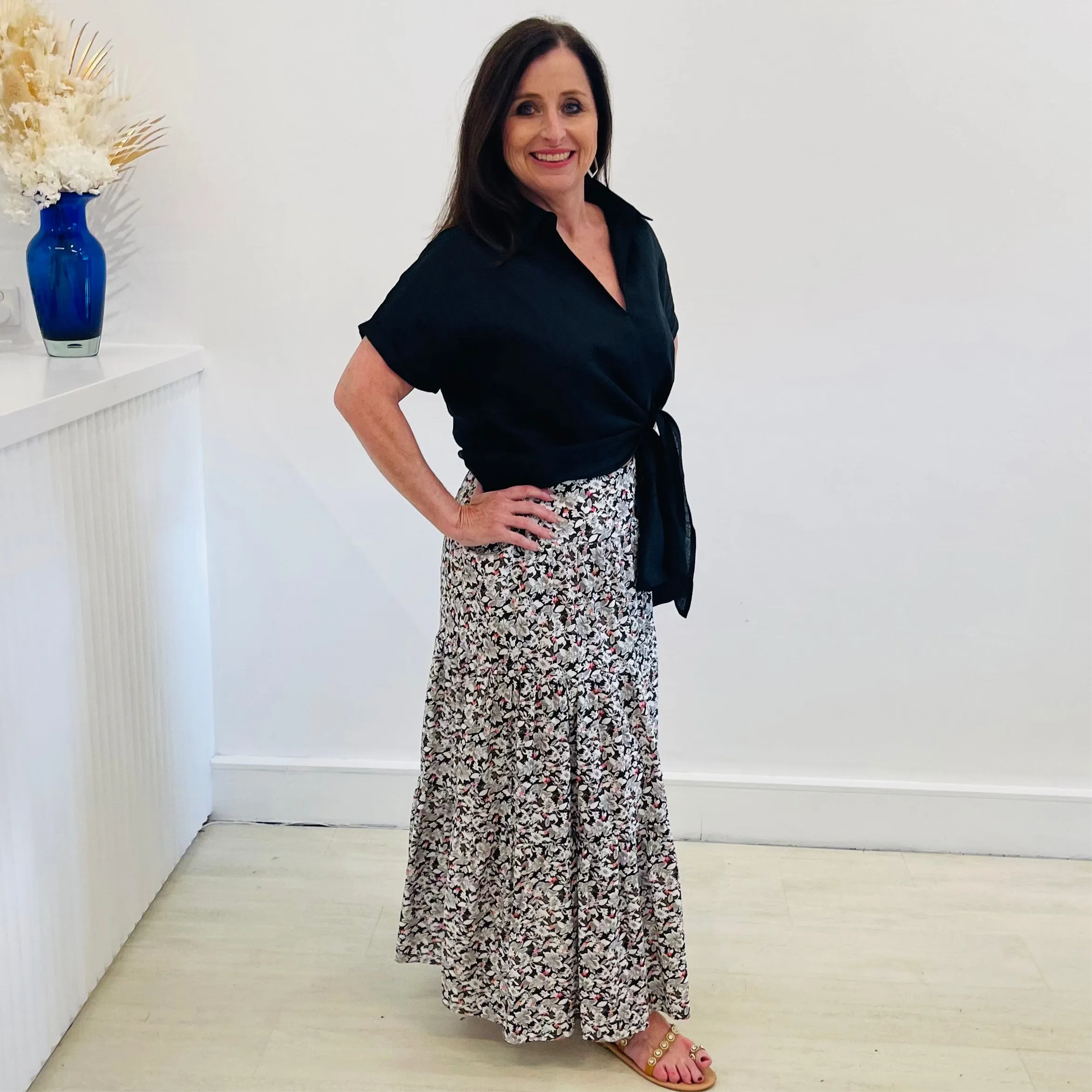 Black, White and Red Floral Tiered Skirt
