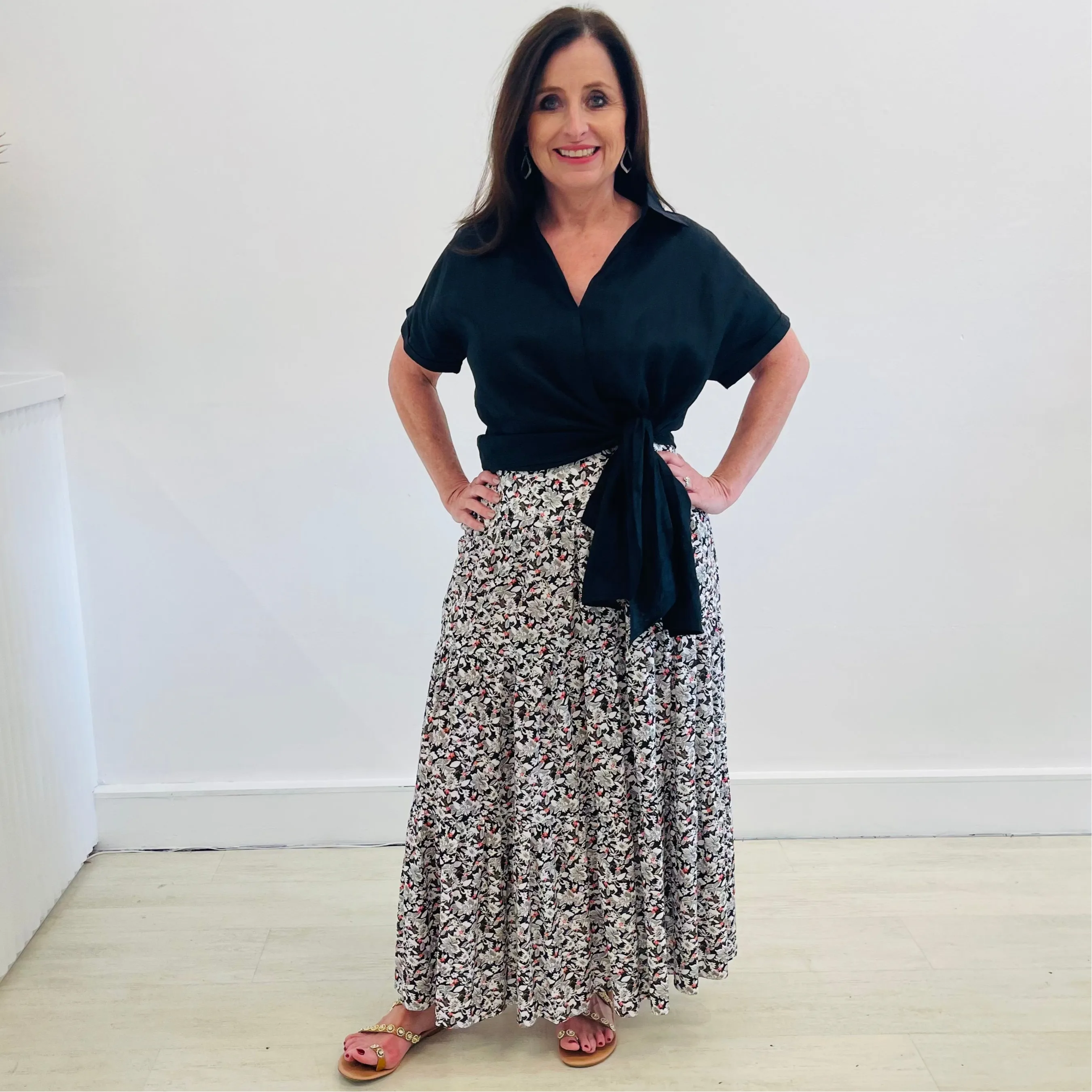 Black, White and Red Floral Tiered Skirt
