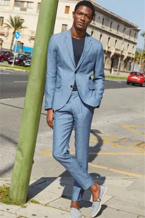 Blue Notched Lapel 2 Piece Men's Prom Suit Blazer Pants
