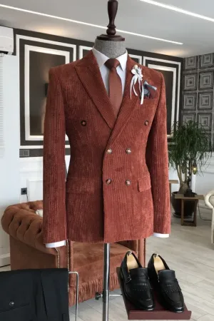 Burgundy Corduroy Peaked Lapel Double Breasted Prom Suit