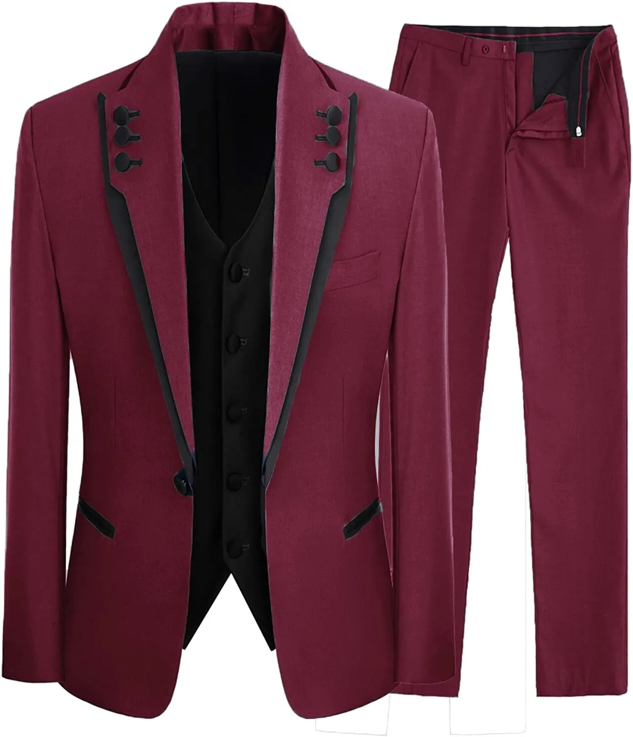 Burgundy Three Piece Shawl Lapel Prom Suit