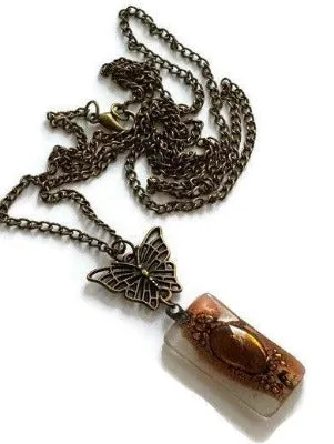 Butterfly pink recycled glass long necklace. Handmade fused glass pendant