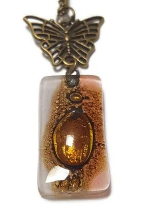Butterfly pink recycled glass long necklace. Handmade fused glass pendant