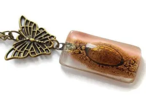 Butterfly pink recycled glass long necklace. Handmade fused glass pendant
