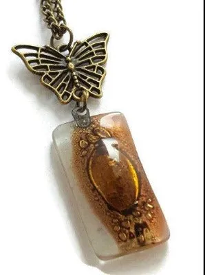 Butterfly pink recycled glass long necklace. Handmade fused glass pendant