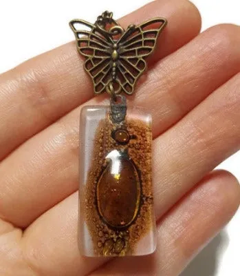 Butterfly pink recycled glass long necklace. Handmade fused glass pendant