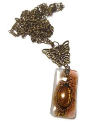 Butterfly pink recycled glass long necklace. Handmade fused glass pendant