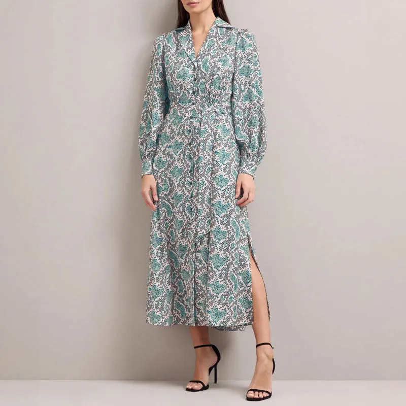 CEFINN Odette Snakeskin Print Shirt Dress in Green