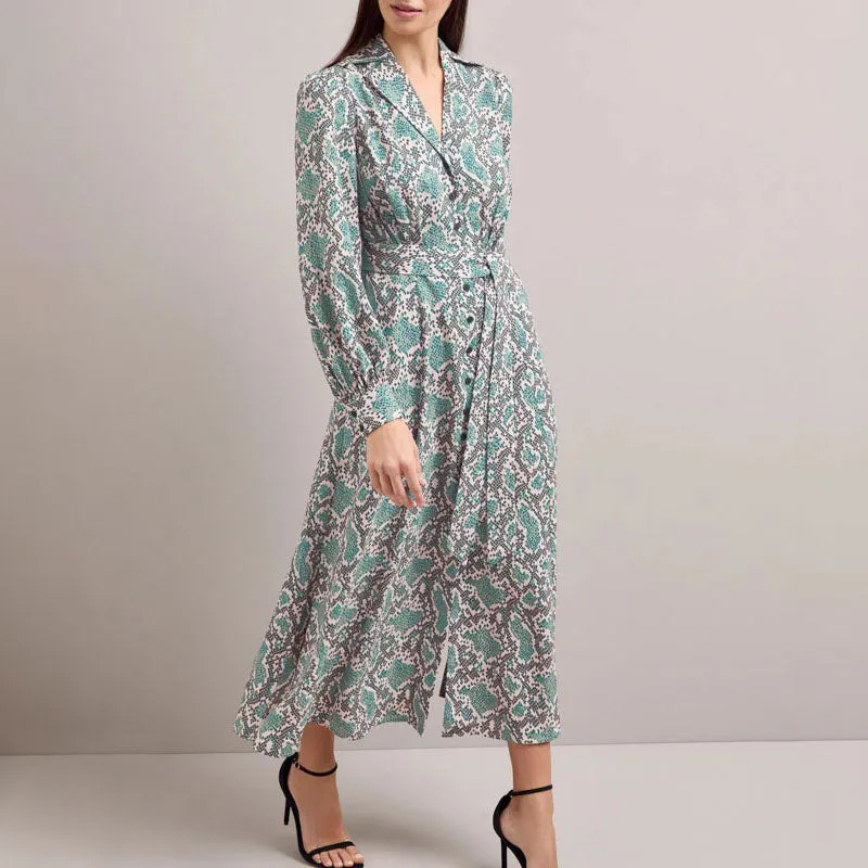 CEFINN Odette Snakeskin Print Shirt Dress in Green