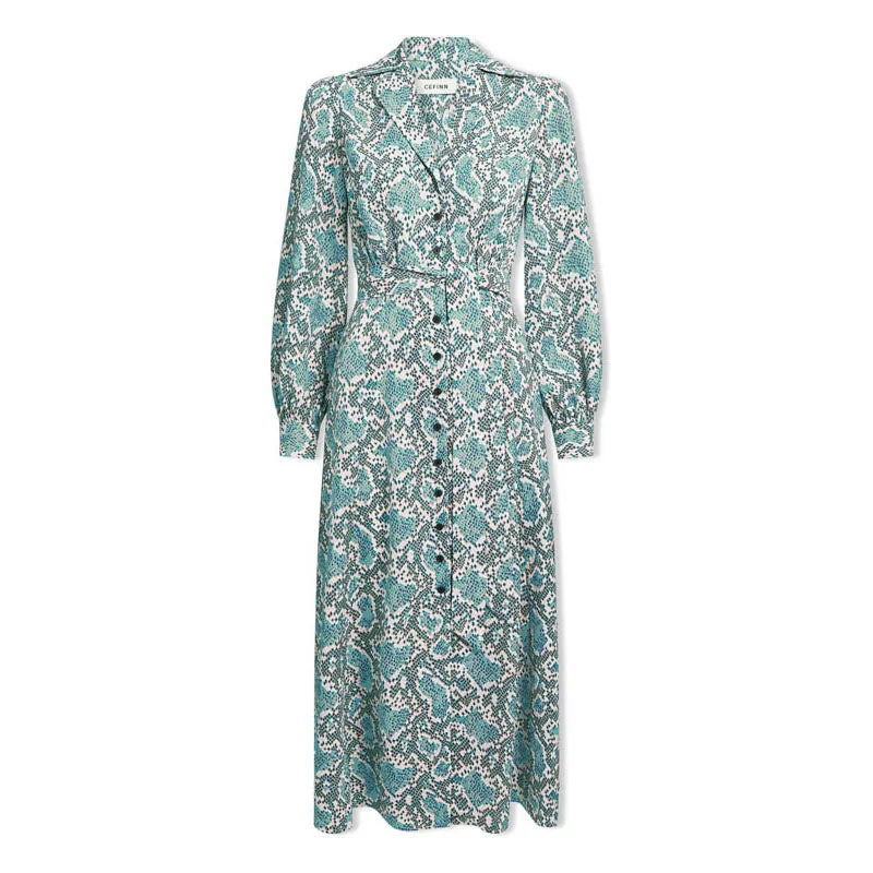 CEFINN Odette Snakeskin Print Shirt Dress in Green