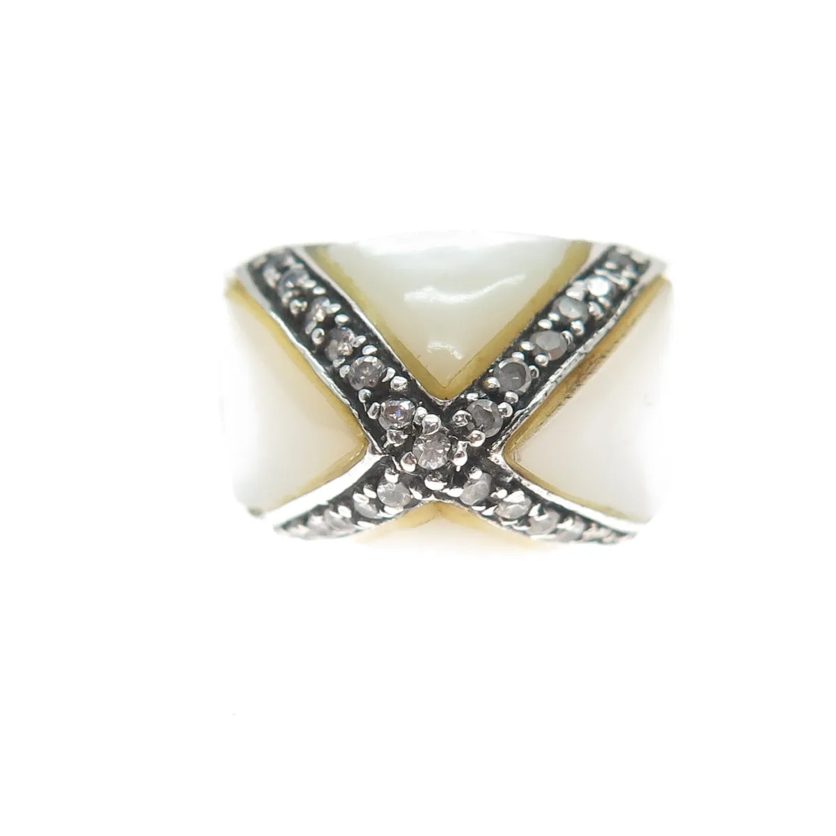 CHAPAL ZENRAY 925 Sterling Silver Vintage MOP & C Z Cross Dome Ring Size 8