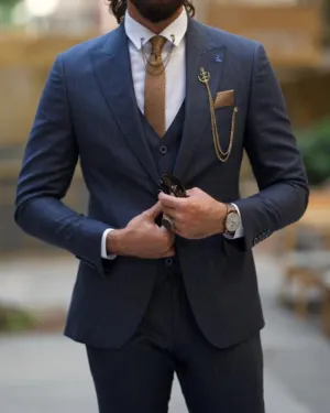 Chic Dark Blue Striped Three Pieces Peaked Lapel Business Men Suits