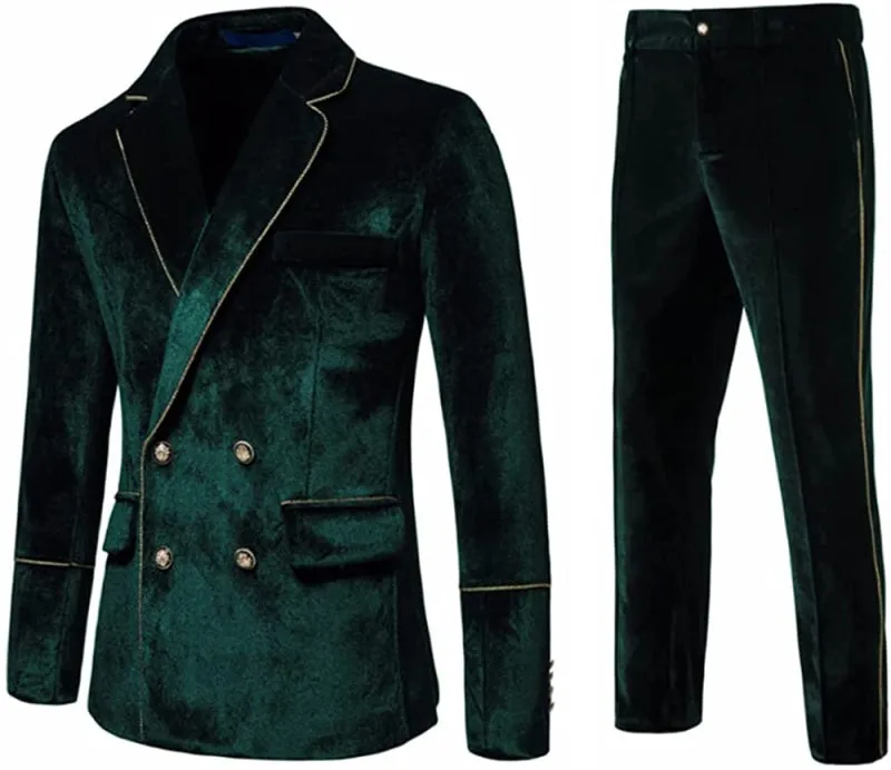 Chic Dark Green Velvet Double Breasted Prom Suits Notched Lapel Bestmen Suits