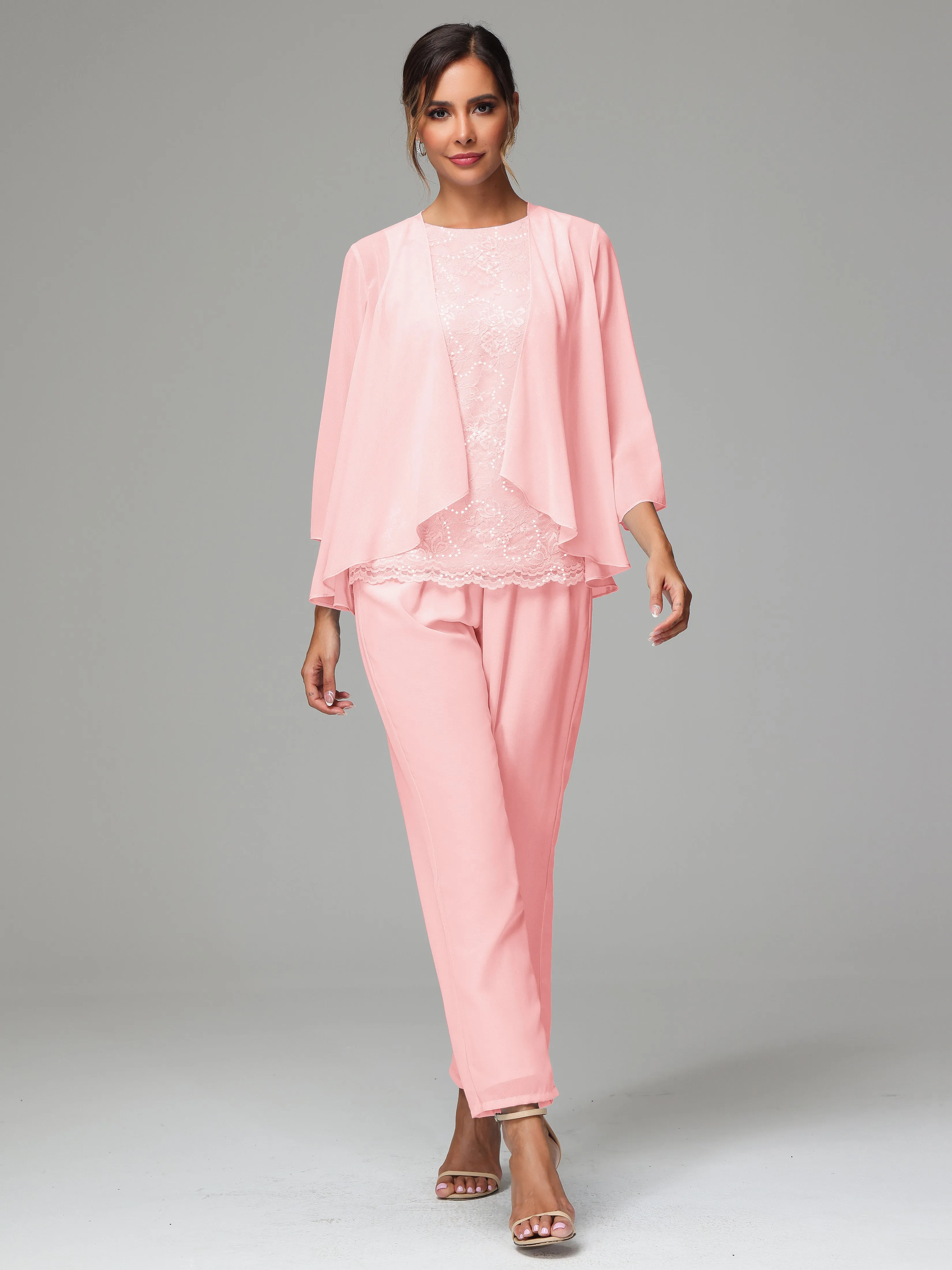 Chiffon Lace Long Sleeves 3 Pieces Mother Of The Bride Dress Pants Suits