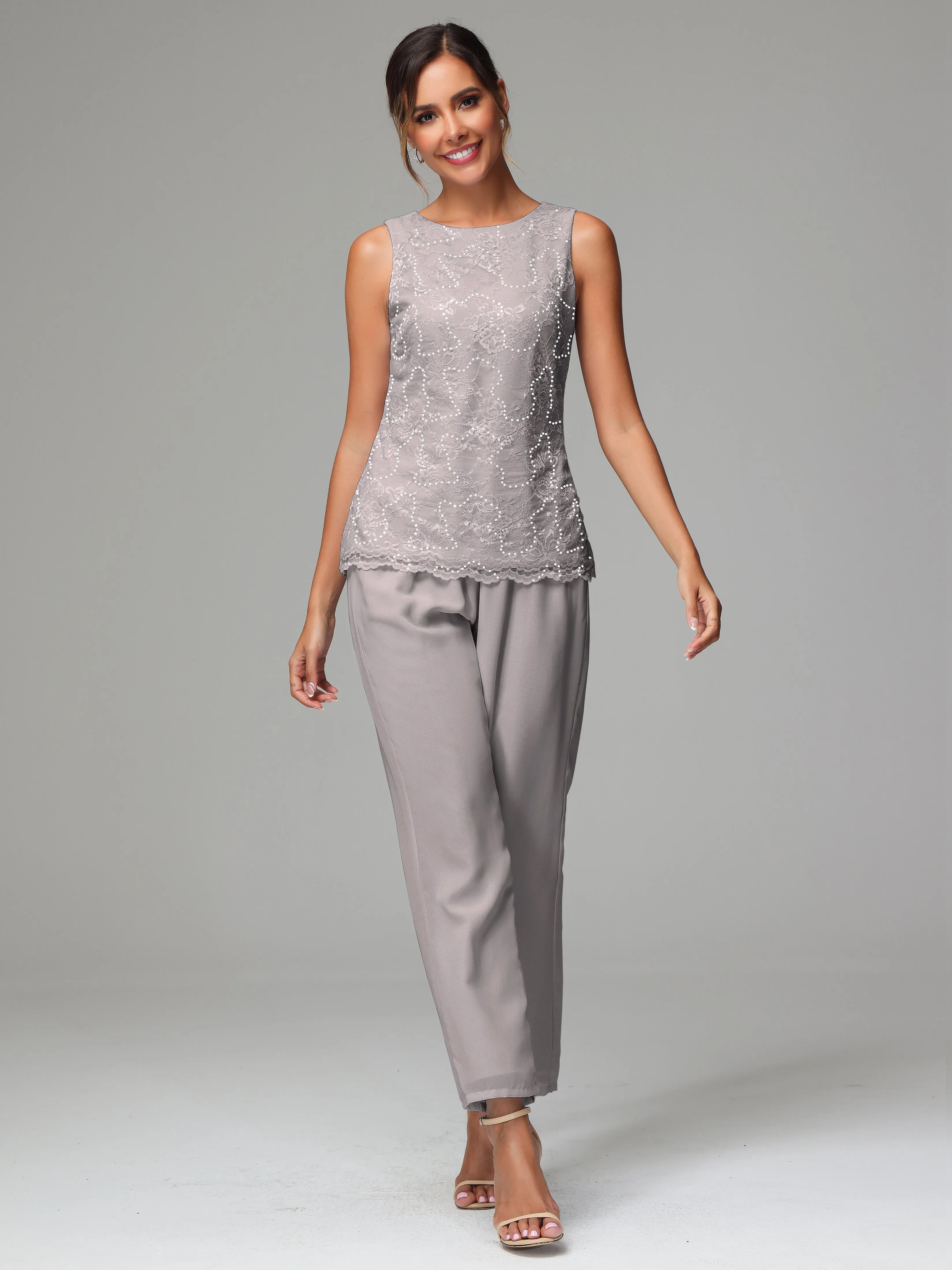 Chiffon Lace Long Sleeves 3 Pieces Mother Of The Bride Dress Pants Suits