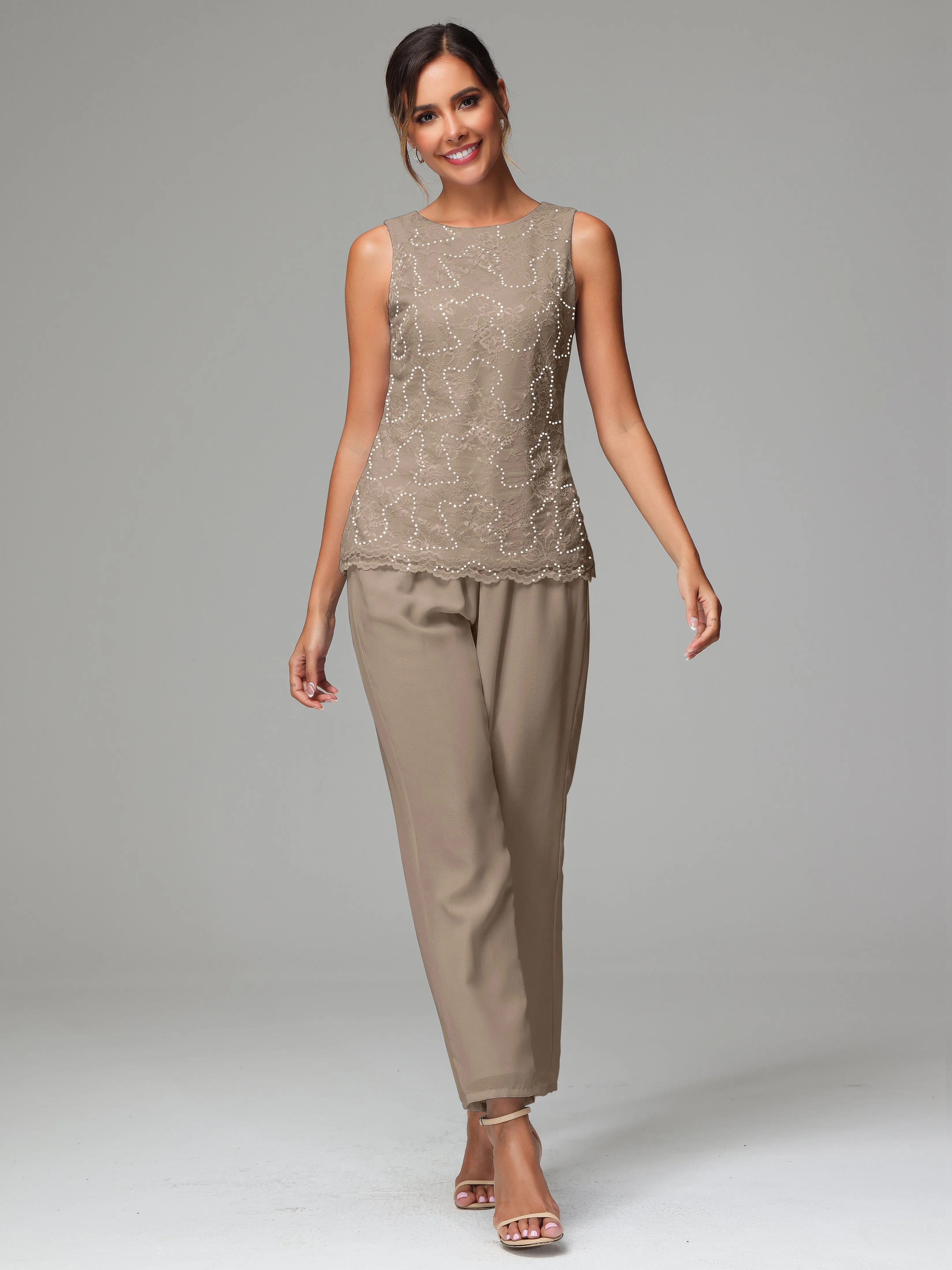 Chiffon Lace Long Sleeves 3 Pieces Mother Of The Bride Dress Pants Suits