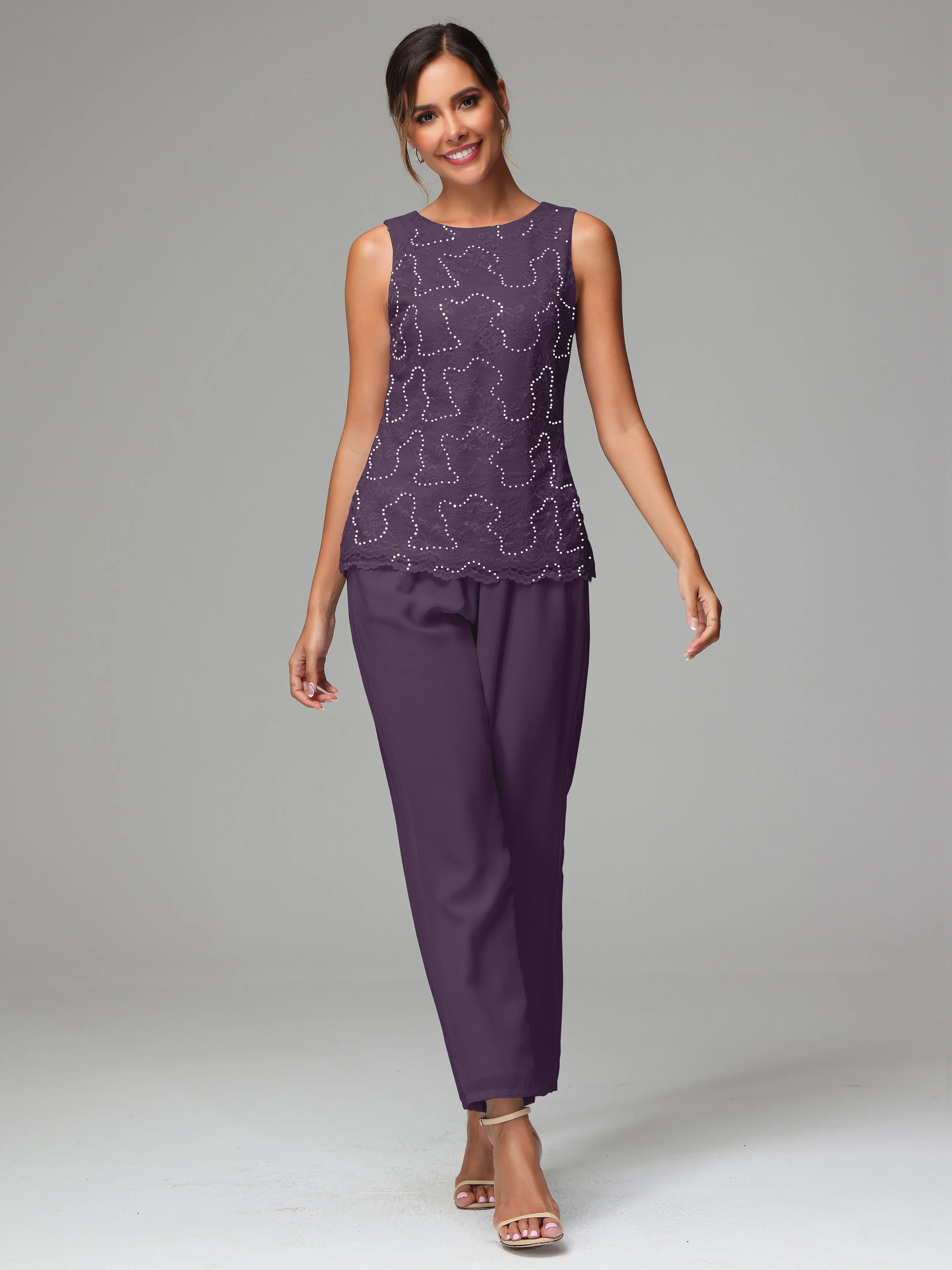 Chiffon Lace Long Sleeves 3 Pieces Mother Of The Bride Dress Pants Suits
