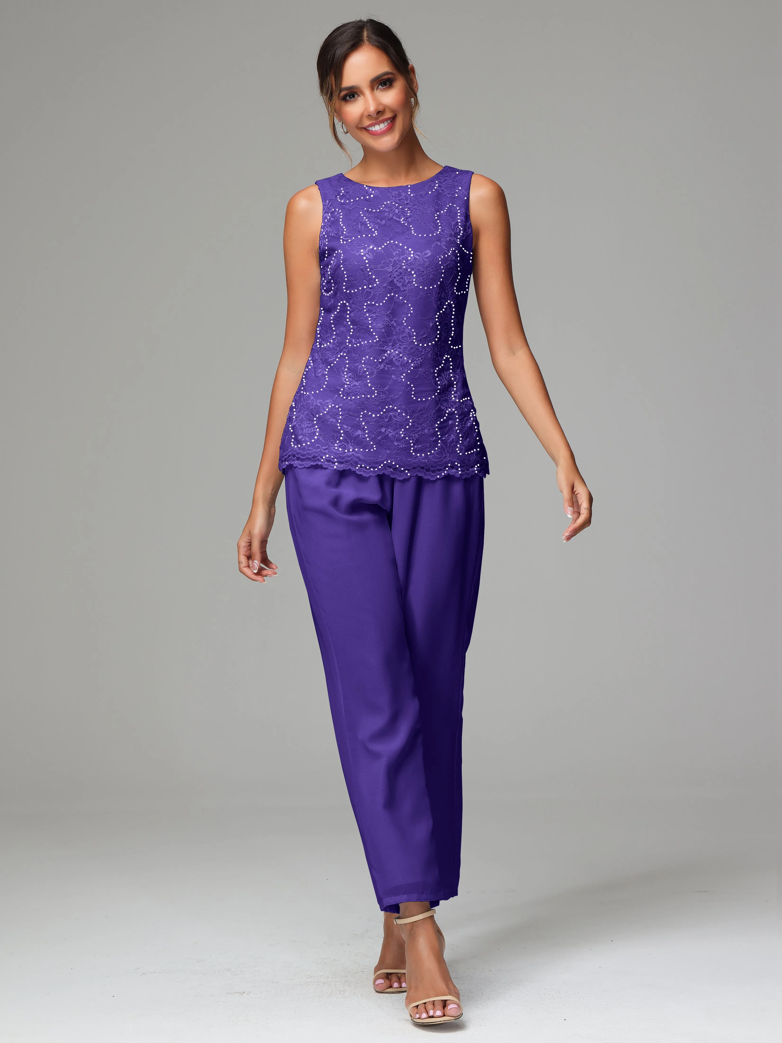 Chiffon Lace Long Sleeves 3 Pieces Mother Of The Bride Dress Pants Suits