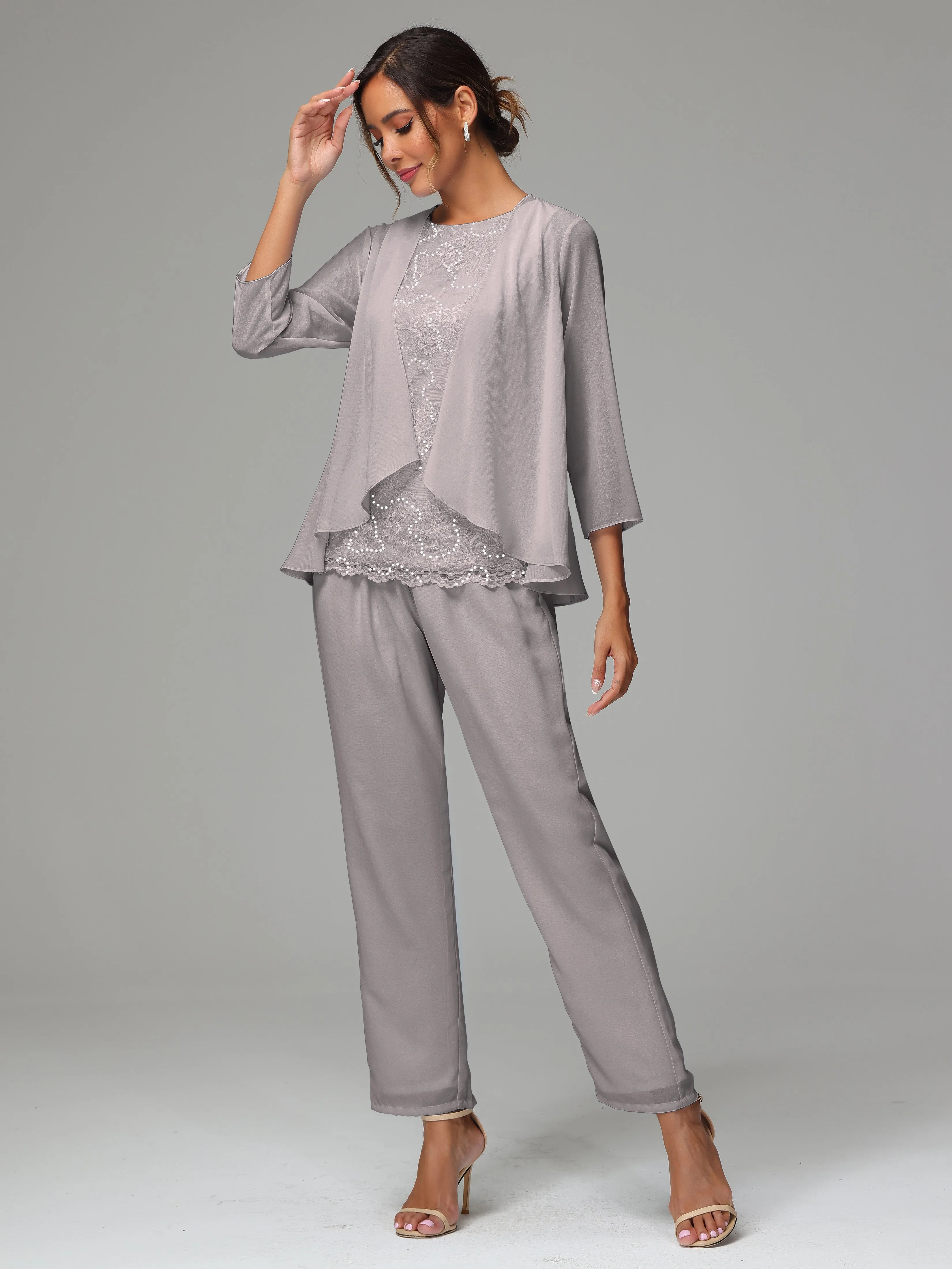 Chiffon Lace Long Sleeves 3 Pieces Mother Of The Bride Dress Pants Suits