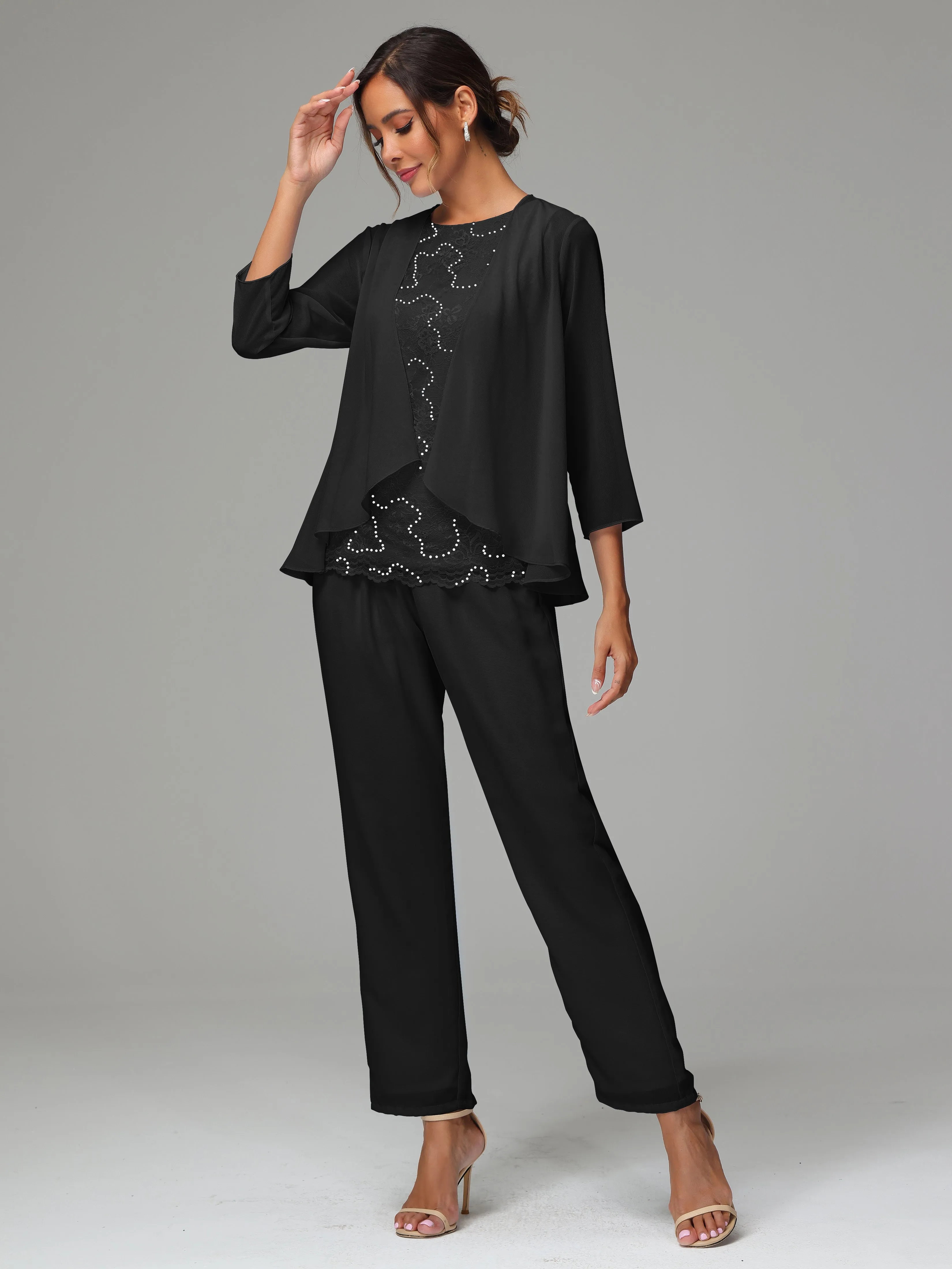 Chiffon Lace Long Sleeves 3 Pieces Mother Of The Bride Dress Pants Suits